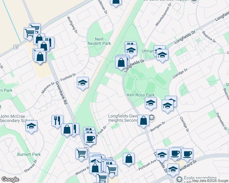 map of restaurants, bars, coffee shops, grocery stores, and more near 921 Greenbank Road in Ottawa