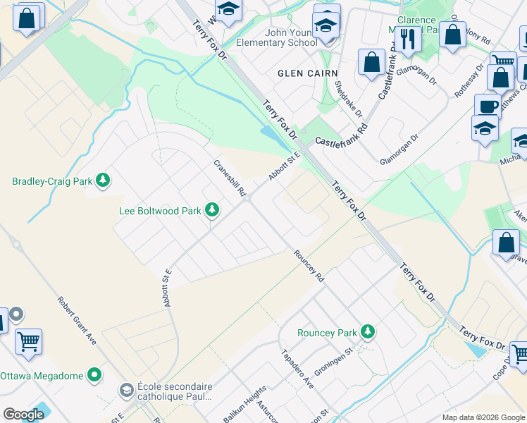 map of restaurants, bars, coffee shops, grocery stores, and more near 339 Rouncey Road in Ottawa