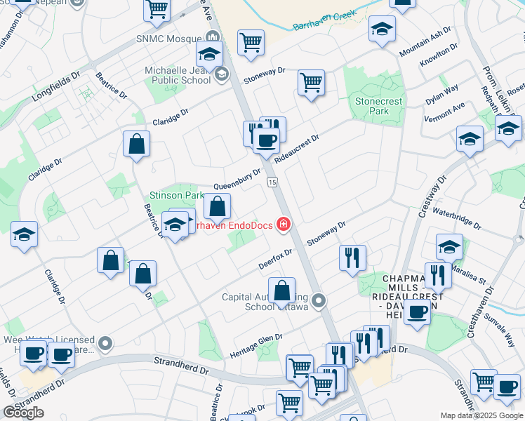 map of restaurants, bars, coffee shops, grocery stores, and more near 85 Grenadier Way in Ottawa