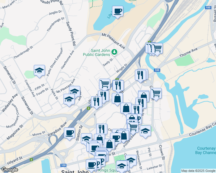 map of restaurants, bars, coffee shops, grocery stores, and more near Celebration Street in Saint John