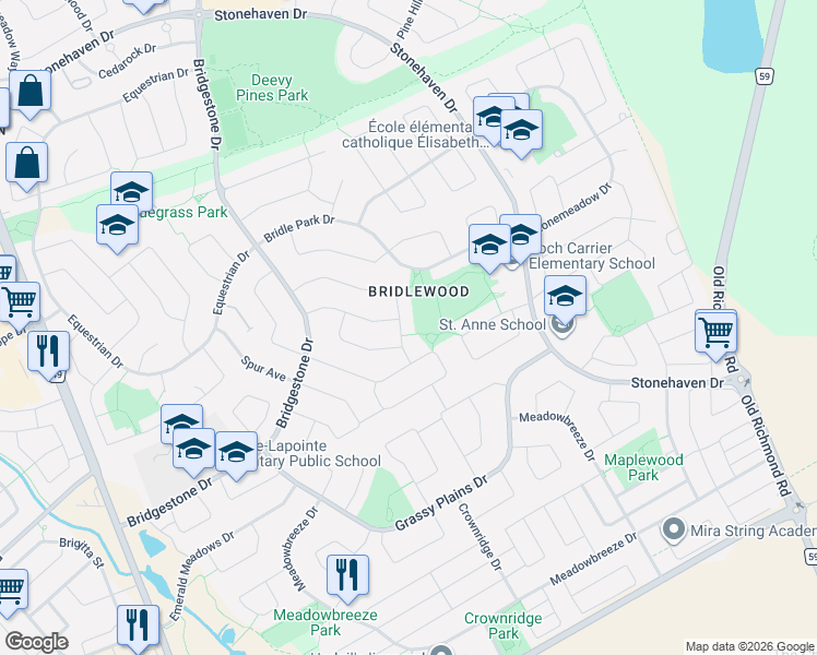 map of restaurants, bars, coffee shops, grocery stores, and more near 30 Cedar Valley Drive in Ottawa