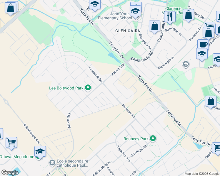 map of restaurants, bars, coffee shops, grocery stores, and more near 333 Rouncey Road in Ottawa