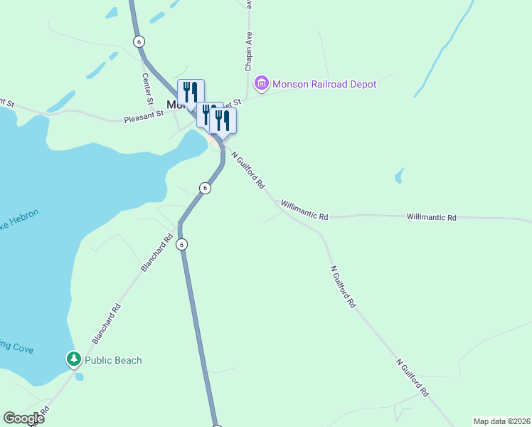 map of restaurants, bars, coffee shops, grocery stores, and more near 47 North Guilford Road in Monson