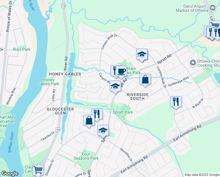 map of restaurants, bars, coffee shops, grocery stores, and more near 4105 Wolfe Point Way in Ottawa
