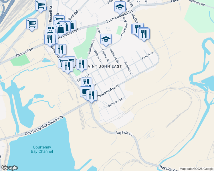 map of restaurants, bars, coffee shops, grocery stores, and more near 87 Regent Street in Saint John
