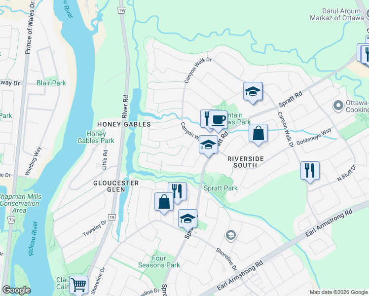 map of restaurants, bars, coffee shops, grocery stores, and more near 975 Cove Island Terrace in Ottawa