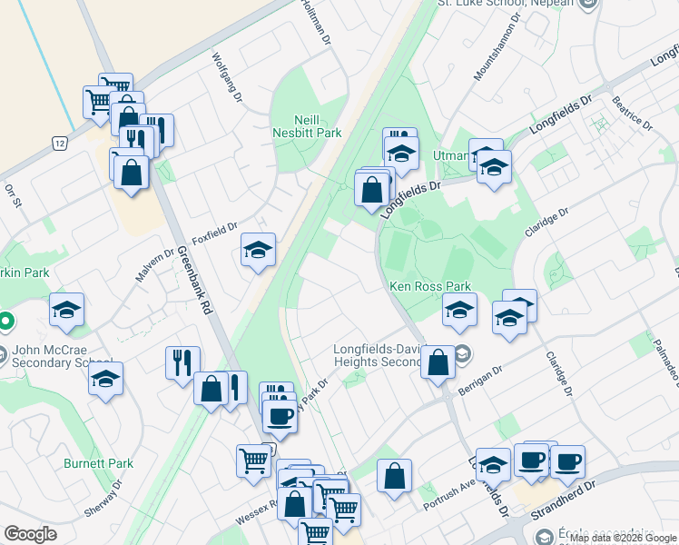 map of restaurants, bars, coffee shops, grocery stores, and more near 486 Via Verona Avenue in Ottawa