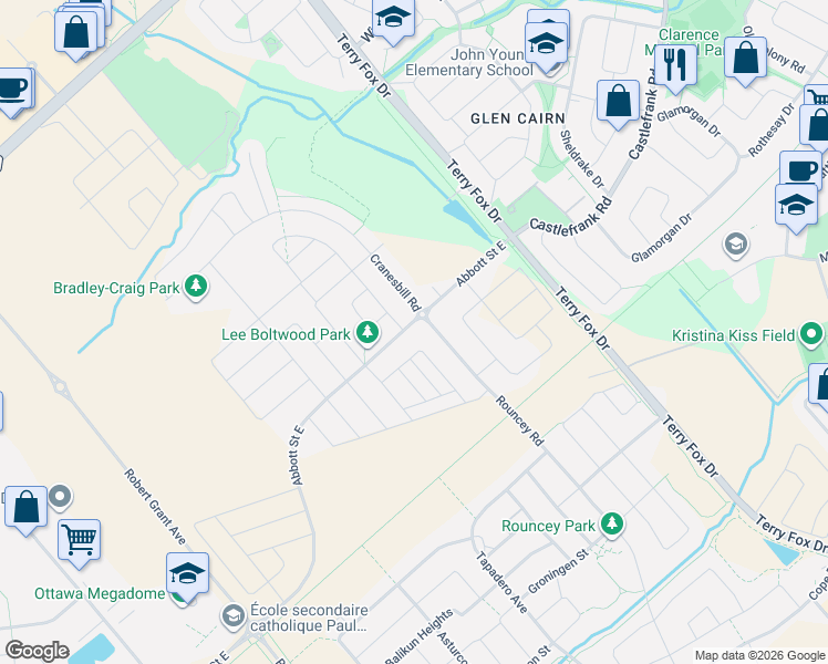 map of restaurants, bars, coffee shops, grocery stores, and more near 4852 Abbott Street East in Ottawa