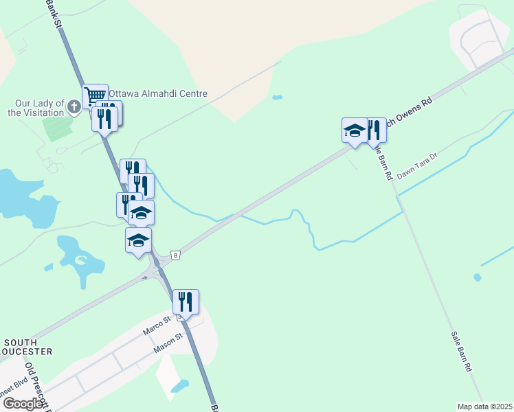 map of restaurants, bars, coffee shops, grocery stores, and more near 7220 Mitch Owens Road in Ottawa