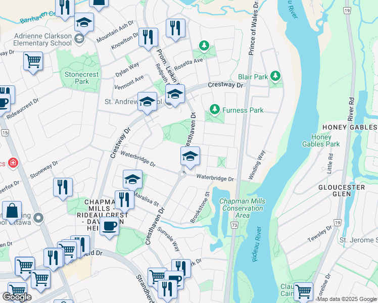 map of restaurants, bars, coffee shops, grocery stores, and more near 57 Cresthaven Drive in Ottawa