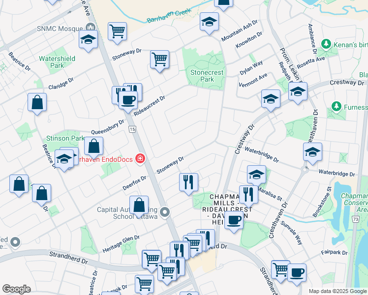 map of restaurants, bars, coffee shops, grocery stores, and more near 177 Markland Crescent in Ottawa