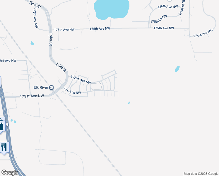 map of restaurants, bars, coffee shops, grocery stores, and more near 17143 Nixon Street in Elk River