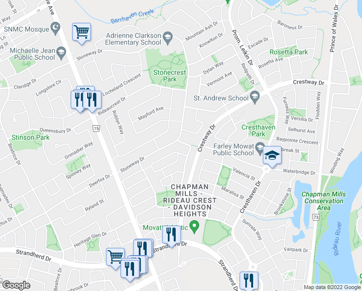 map of restaurants, bars, coffee shops, grocery stores, and more near 191 Windhurst Drive in Ottawa
