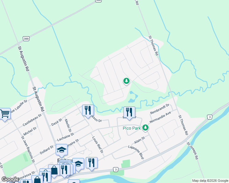 map of restaurants, bars, coffee shops, grocery stores, and more near Bruxelles Street in Embrun