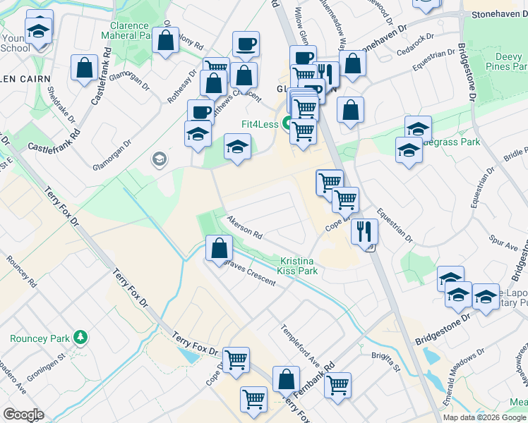 map of restaurants, bars, coffee shops, grocery stores, and more near 630 Moorpark Avenue in Ottawa