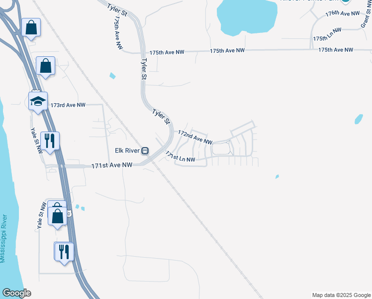 map of restaurants, bars, coffee shops, grocery stores, and more near 10647 171st Avenue Northwest in Elk River