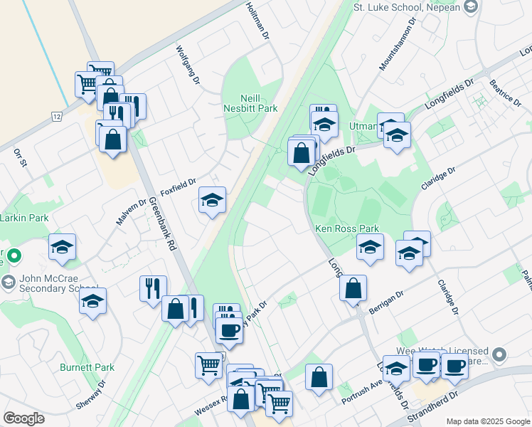 map of restaurants, bars, coffee shops, grocery stores, and more near in Ottawa