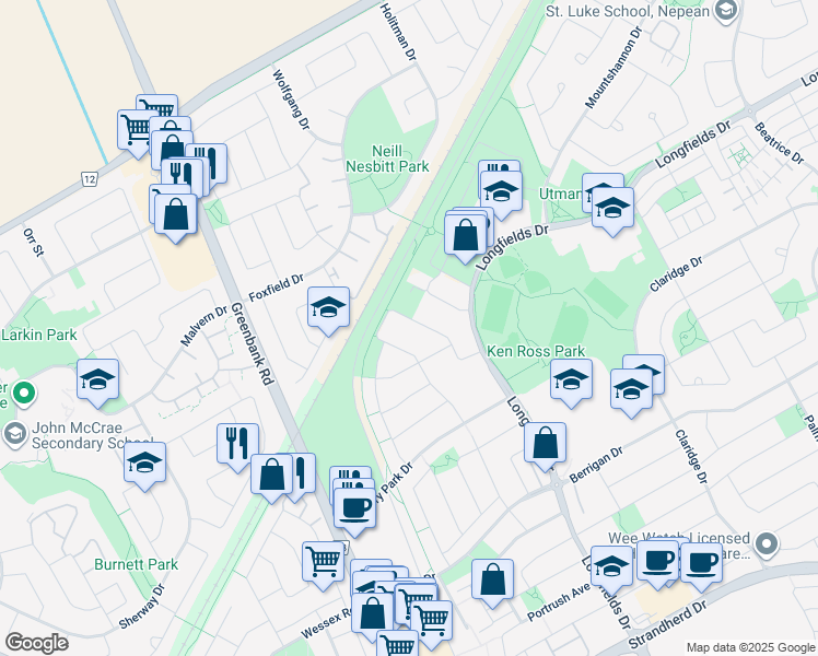 map of restaurants, bars, coffee shops, grocery stores, and more near in Ottawa