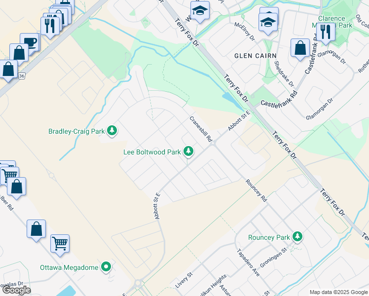 map of restaurants, bars, coffee shops, grocery stores, and more near 28 Oxalis Crescent in Ottawa