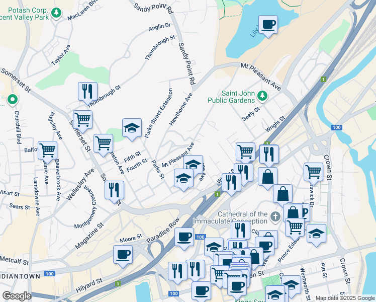 map of restaurants, bars, coffee shops, grocery stores, and more near 61 Mount Pleasant Avenue in Saint John