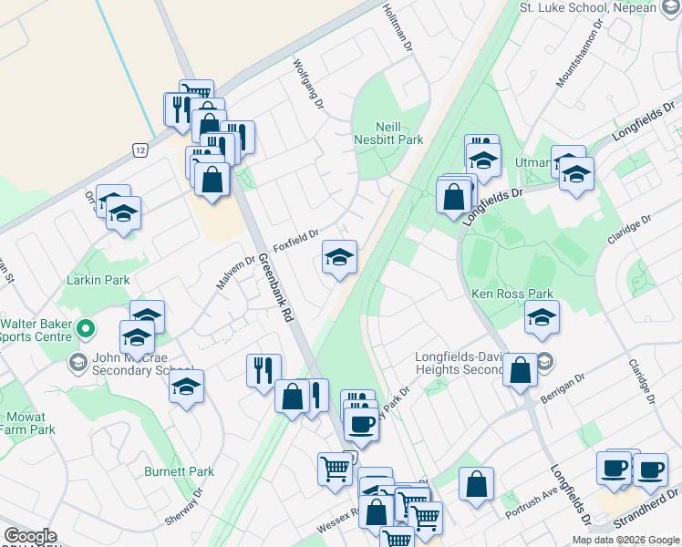 map of restaurants, bars, coffee shops, grocery stores, and more near 2 Henfield Avenue in Ottawa