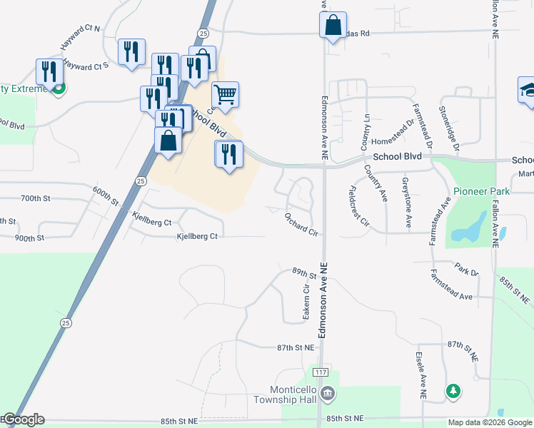 map of restaurants, bars, coffee shops, grocery stores, and more near 4328 Harvest Court in Monticello