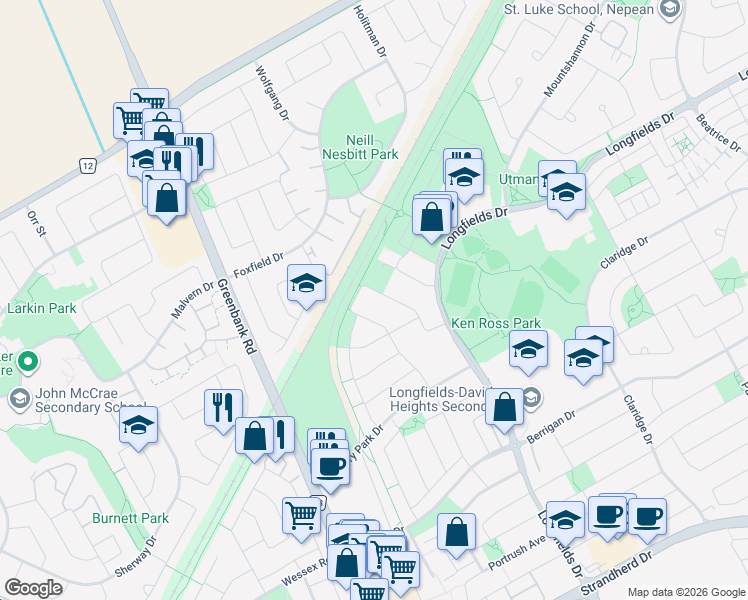 map of restaurants, bars, coffee shops, grocery stores, and more near 442 Via Verona Avenue in Ottawa
