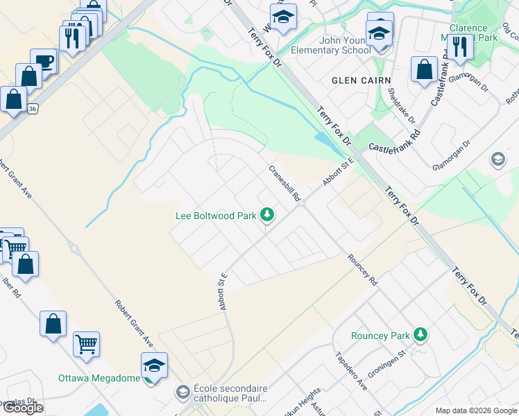map of restaurants, bars, coffee shops, grocery stores, and more near 30 Oxalis Crescent in Ottawa