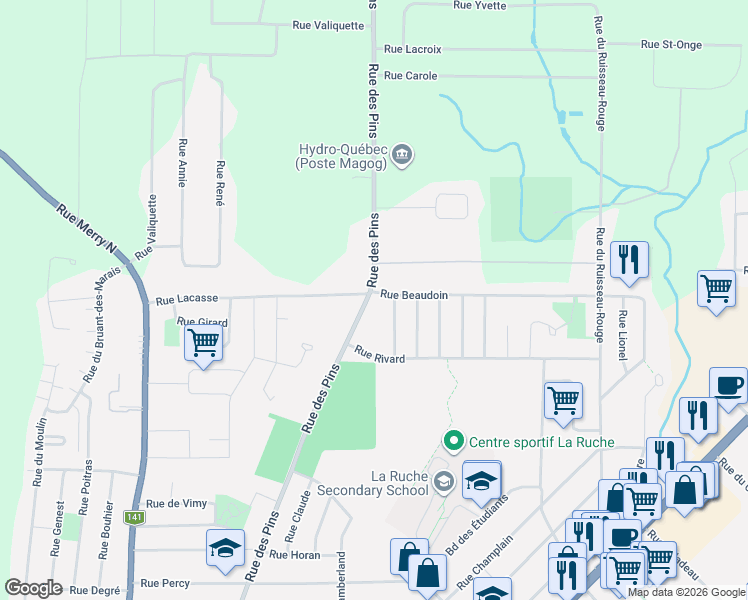 map of restaurants, bars, coffee shops, grocery stores, and more near 1244 Rue des Pins in Magog