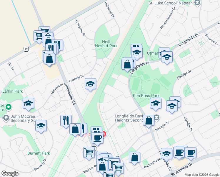 map of restaurants, bars, coffee shops, grocery stores, and more near 442 Via Verona Avenue in Ottawa