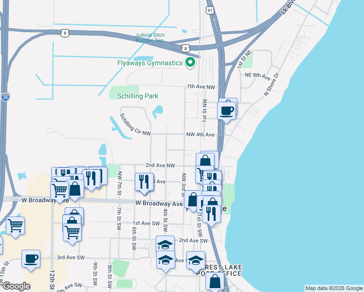 map of restaurants, bars, coffee shops, grocery stores, and more near 355 2nd Avenue Northwest in Forest Lake