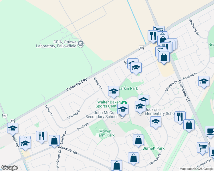 map of restaurants, bars, coffee shops, grocery stores, and more near Ettrick Crescent in Ottawa