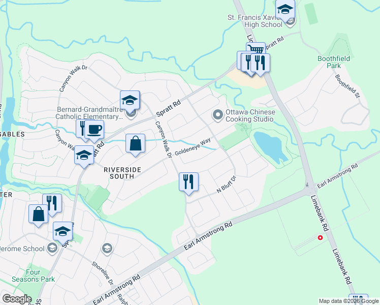 map of restaurants, bars, coffee shops, grocery stores, and more near 4396 Goldeneye Way in Ottawa