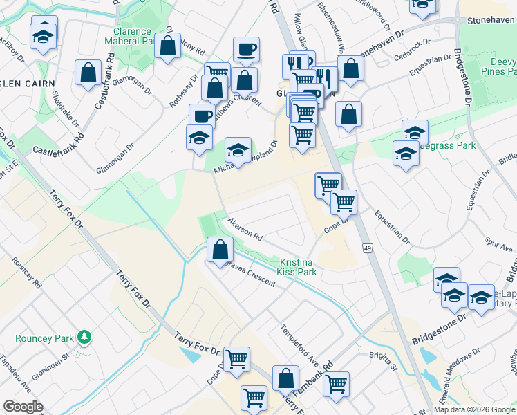 map of restaurants, bars, coffee shops, grocery stores, and more near 441 Barrick Hill Road in Ottawa