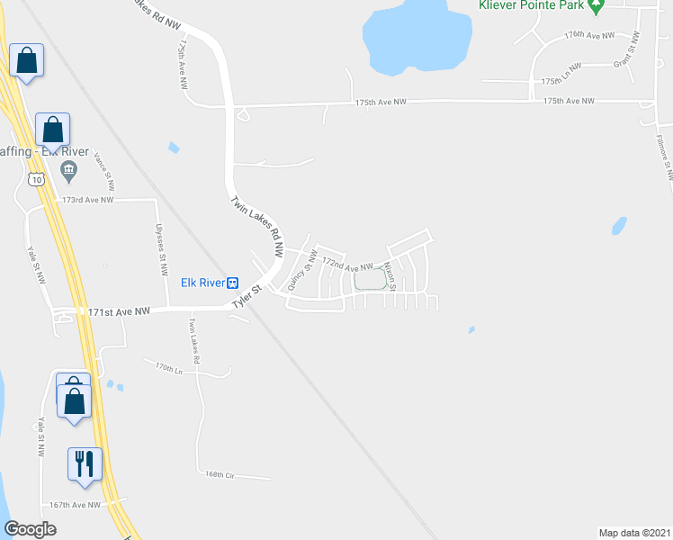map of restaurants, bars, coffee shops, grocery stores, and more near 17193 Polk Court Northwest in Elk River
