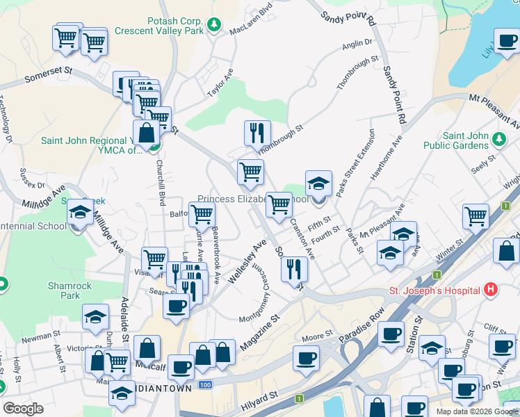 map of restaurants, bars, coffee shops, grocery stores, and more near 180 Somerset Street in Saint John