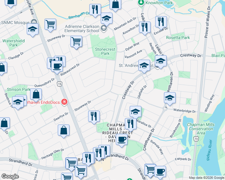 map of restaurants, bars, coffee shops, grocery stores, and more near 276 Windhurst Drive in Ottawa