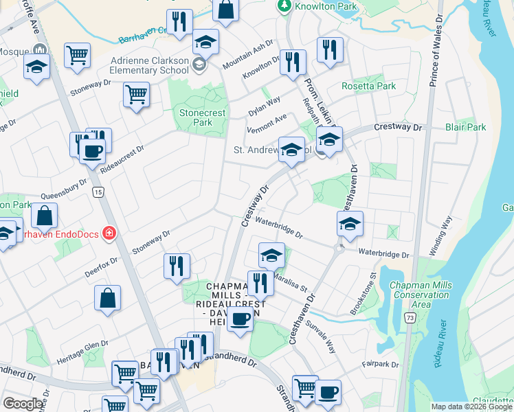 map of restaurants, bars, coffee shops, grocery stores, and more near 165 Waterbridge Drive in Ottawa