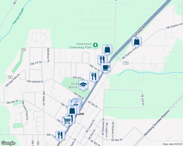 map of restaurants, bars, coffee shops, grocery stores, and more near 248 Southwest Oliver Court in Dundee