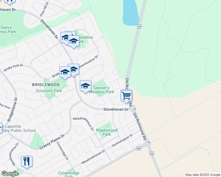 map of restaurants, bars, coffee shops, grocery stores, and more near 4 Scissons Road in Ottawa