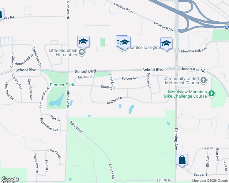 map of restaurants, bars, coffee shops, grocery stores, and more near 9311 Eider Lane in Monticello
