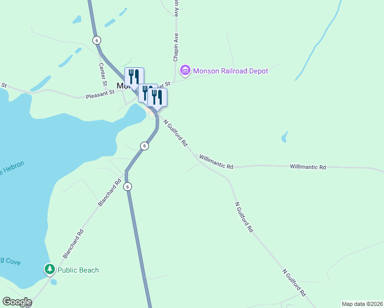 map of restaurants, bars, coffee shops, grocery stores, and more near 47 North Guilford Road in Monson