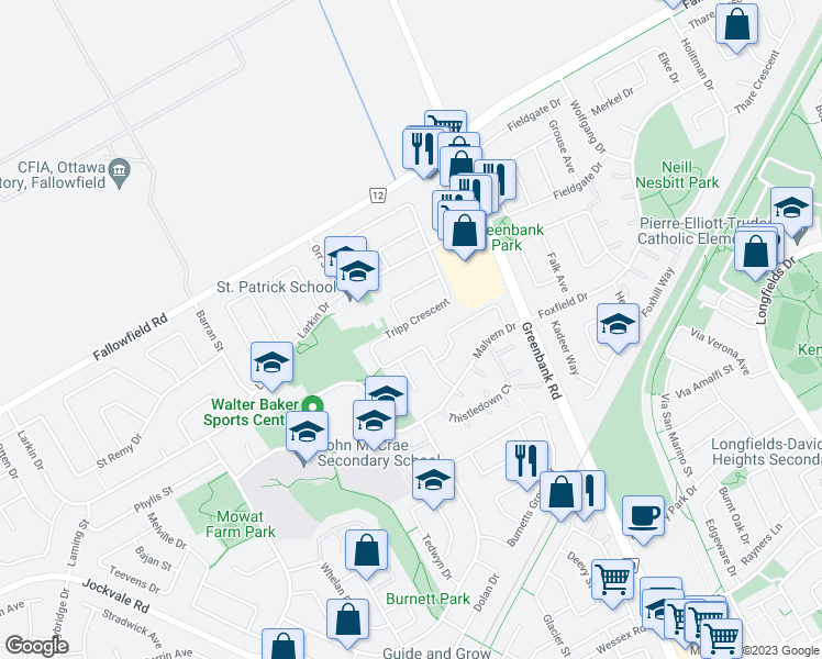 map of restaurants, bars, coffee shops, grocery stores, and more near 90 Tripp Crescent in Ottawa