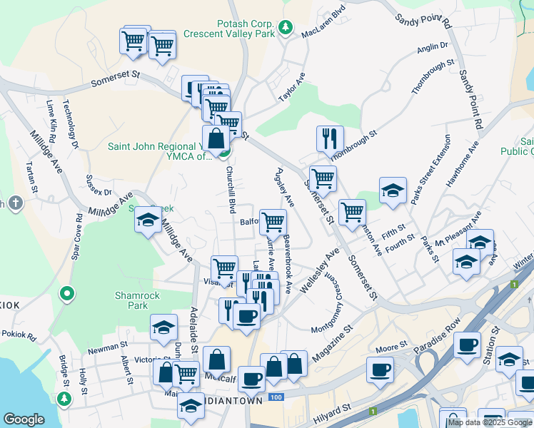 map of restaurants, bars, coffee shops, grocery stores, and more near 7 Balfour Street in Saint John