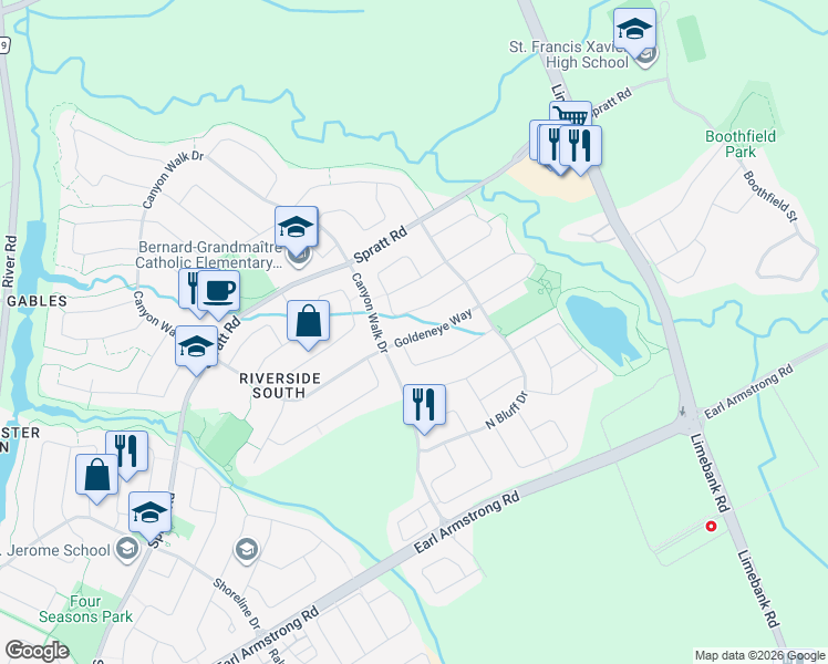 map of restaurants, bars, coffee shops, grocery stores, and more near 4387 Goldeneye Way in Ottawa