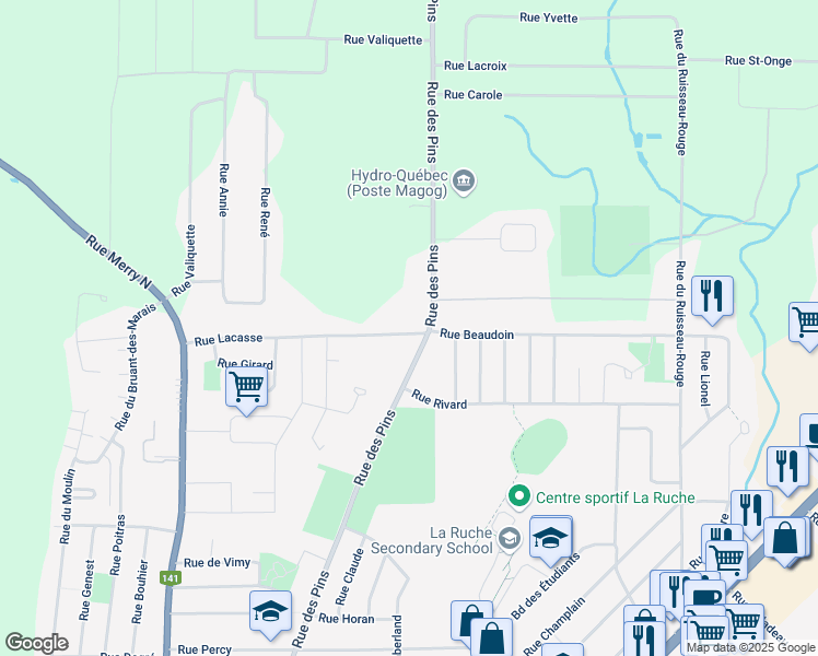 map of restaurants, bars, coffee shops, grocery stores, and more near 387 Rue Lacasse in Magog