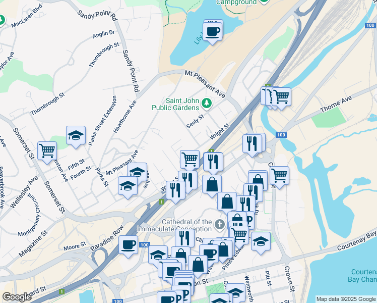map of restaurants, bars, coffee shops, grocery stores, and more near 43 Wright Street in Saint John