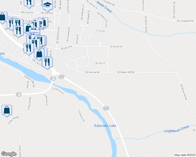 map of restaurants, bars, coffee shops, grocery stores, and more near 32950 Southeast Darrow Road in Estacada