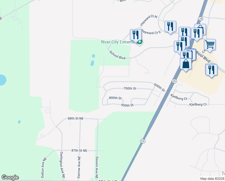 map of restaurants, bars, coffee shops, grocery stores, and more near 9127 Minnesota 25 in Monticello
