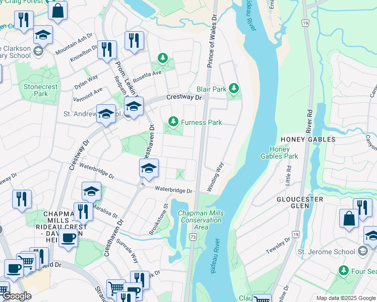 map of restaurants, bars, coffee shops, grocery stores, and more near 92 Selhurst Avenue in Ottawa